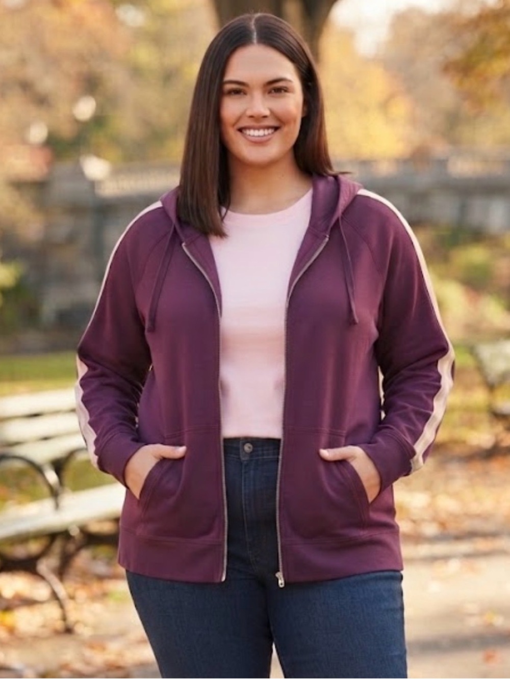 Torrid - Plum/Berry Zip Hoodie with Light Pink Sleeve Stripe